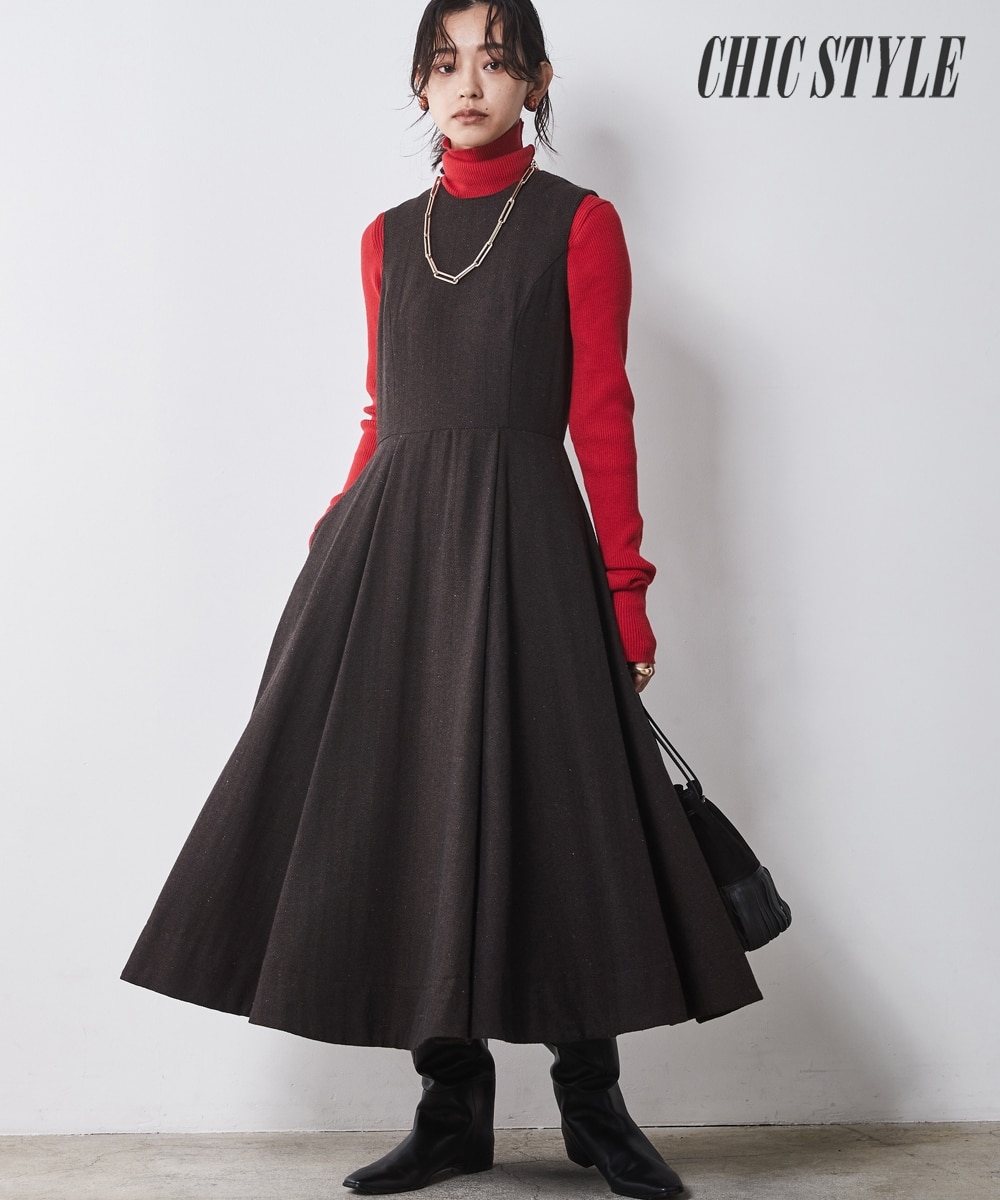 フィット＆フレアノースリーブロングワンピース＜大きいサイズ有