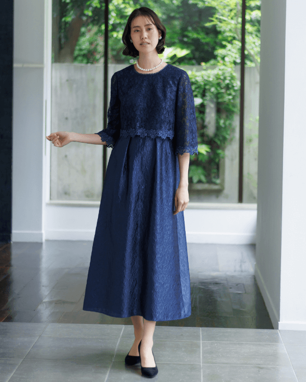 ネイビー】レース×フクレジャカード お袖付き ロングドレス<4521220-73