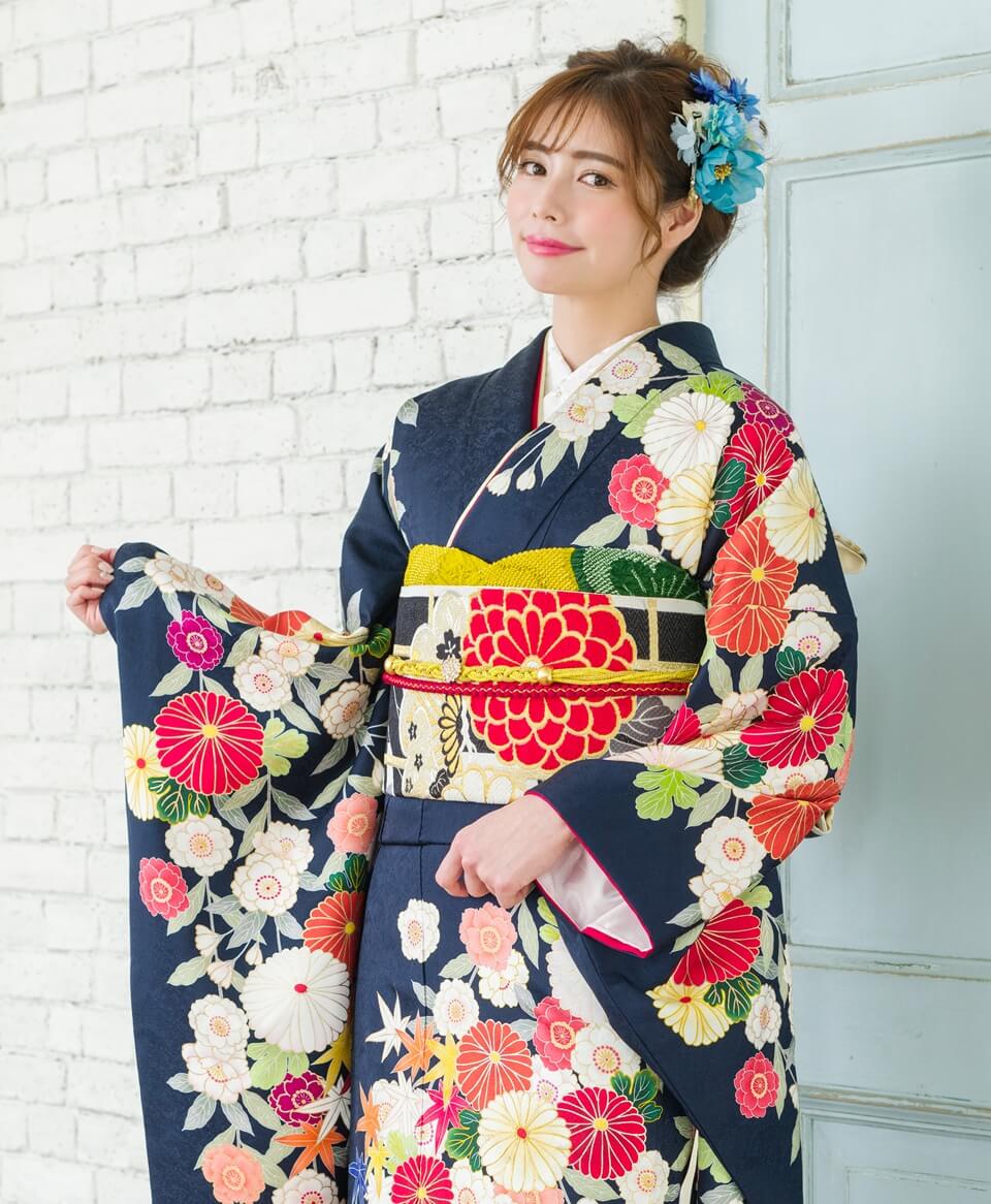 紺地菊に枝垂れ桜[FR0455] | 成人式振袖レンタル京都さがの館