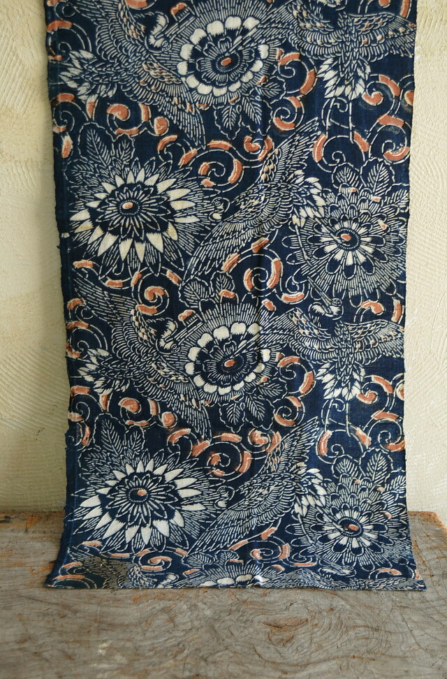 Antique Sam's Collection古布 藍染 古裂 藍染アンティーク 鶴菊唐草 両面