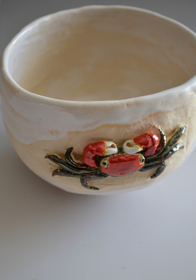 カニ彫白楽茶碗 水月焼 好川恒方作Antique Sam's Collection 茶道具