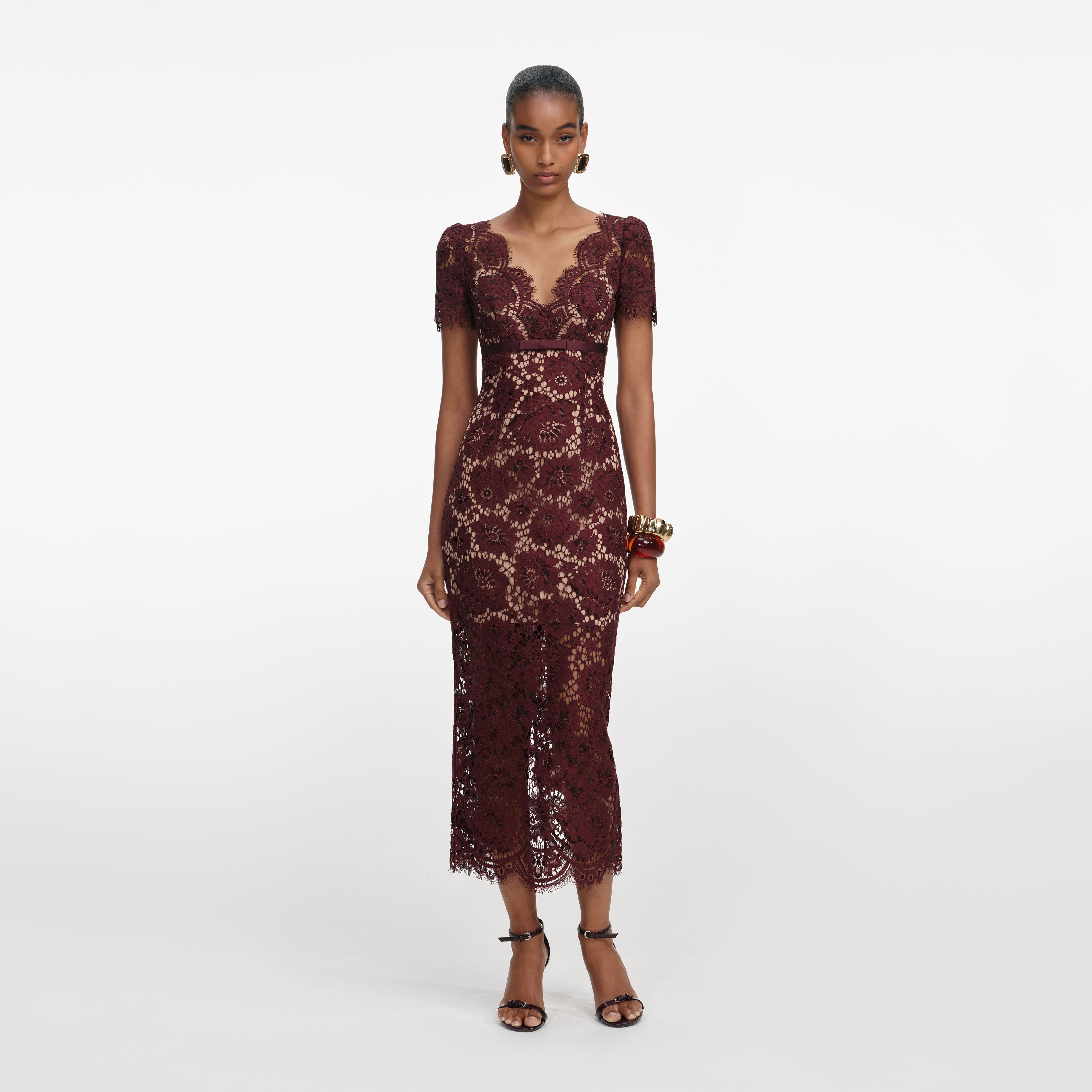 Burgundy Lace Collared Midi Dress – self-portrait