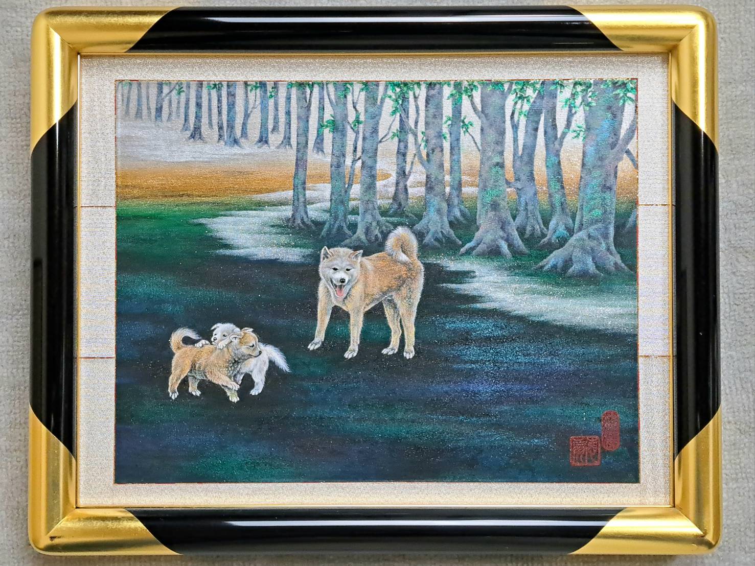 十二代 藤林徳扇 「犬」「みみずく」 正絹 苑寿織 漆塗別注額装 本人