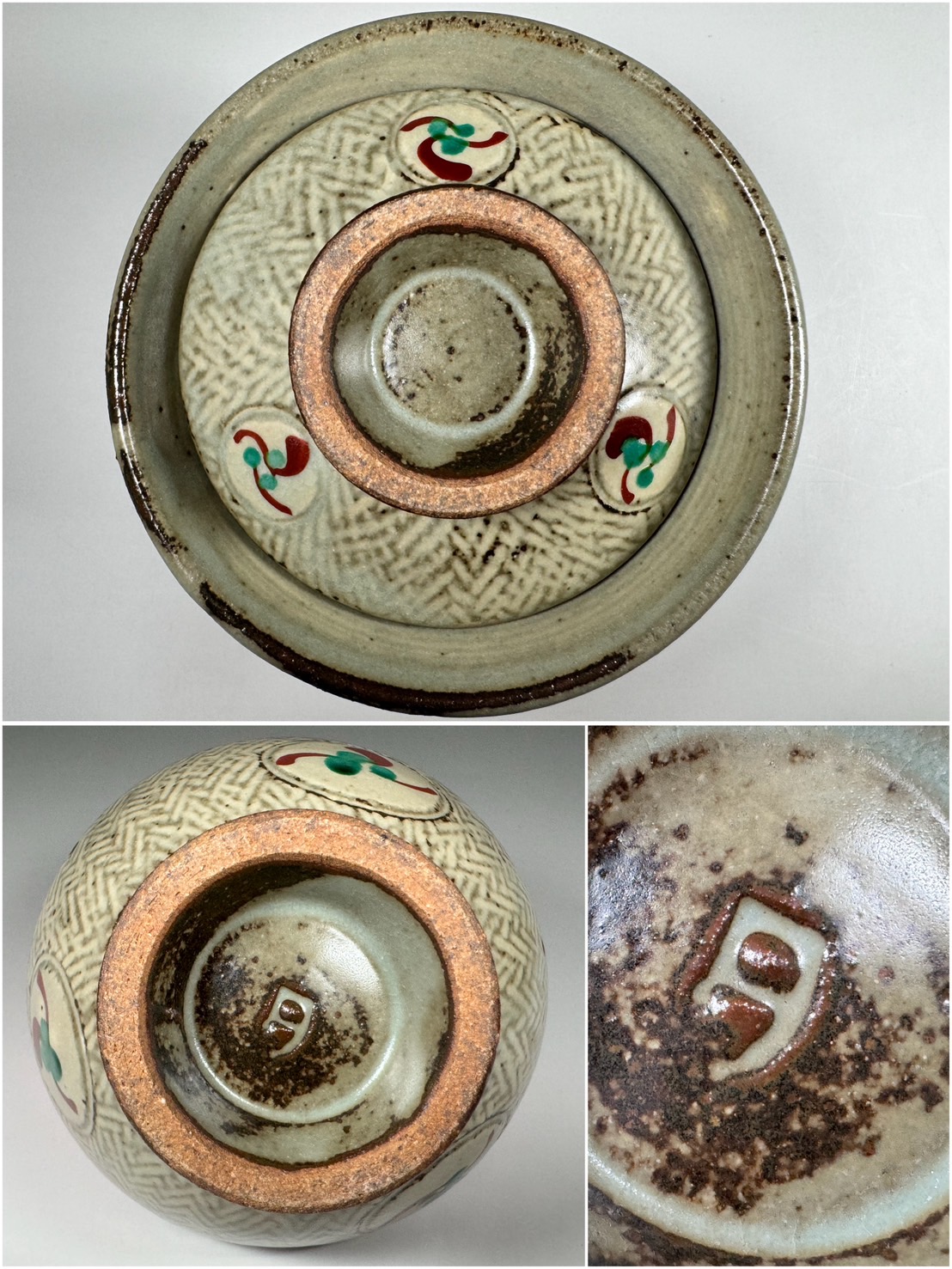 島岡達三 【流】人間国宝 島岡達三 象嵌赤絵草花文 合子 共箱 TM490 象嵌