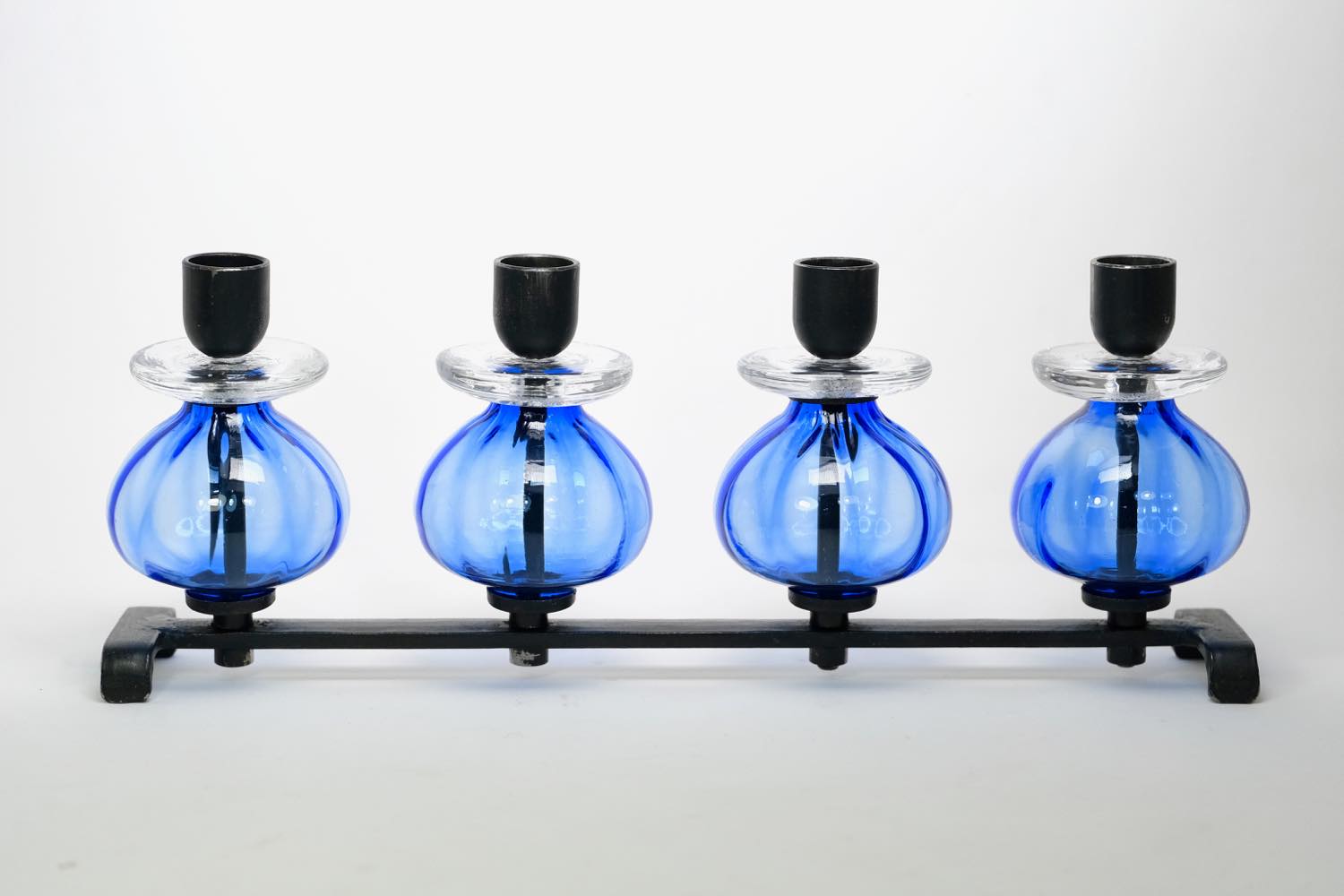 1940年代 アメリカ製ガラス製 八角形 キャンドルホルダー貴重なブルー