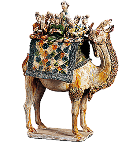 中国古玩 唐三彩駱駝楽人俑 在銘 唐物 AF1984