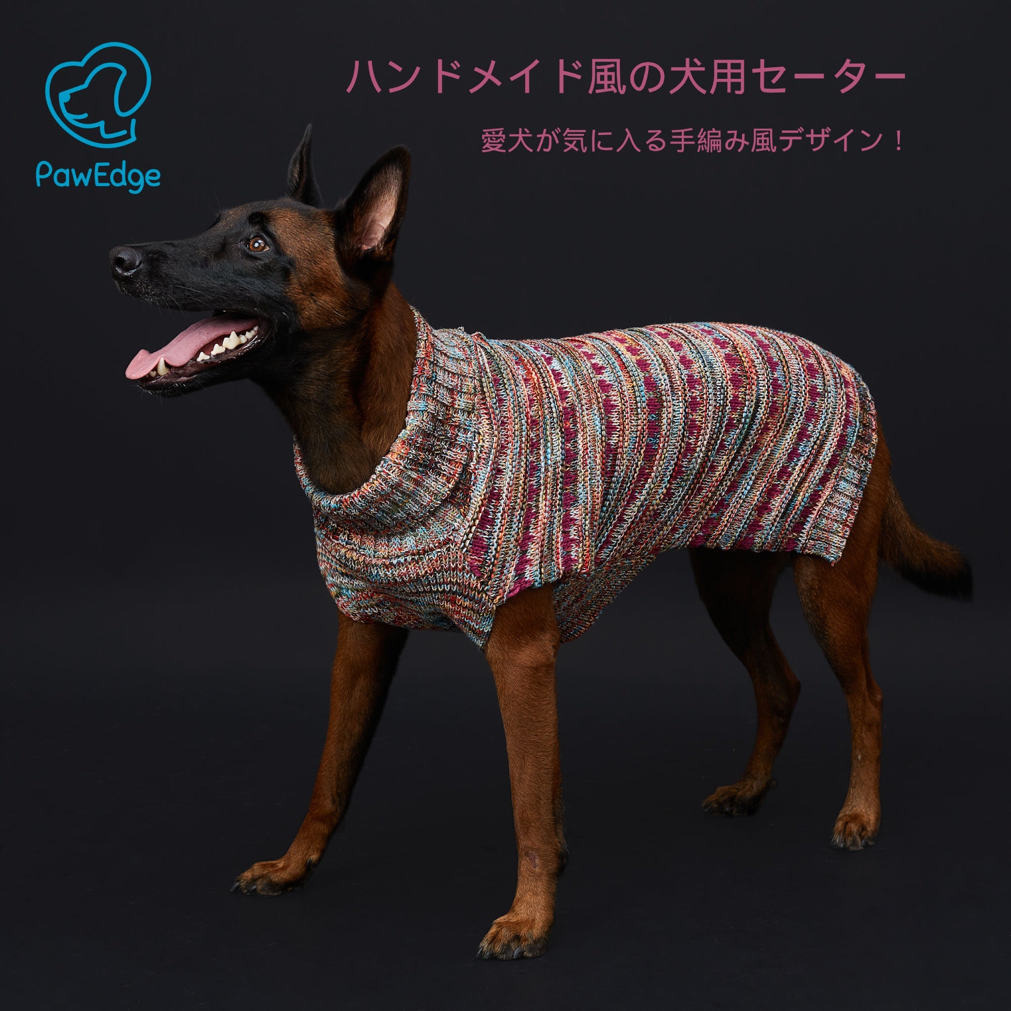 ハンドメイド風 犬用セーター - 3GGニット、段染め糸、高めの襟