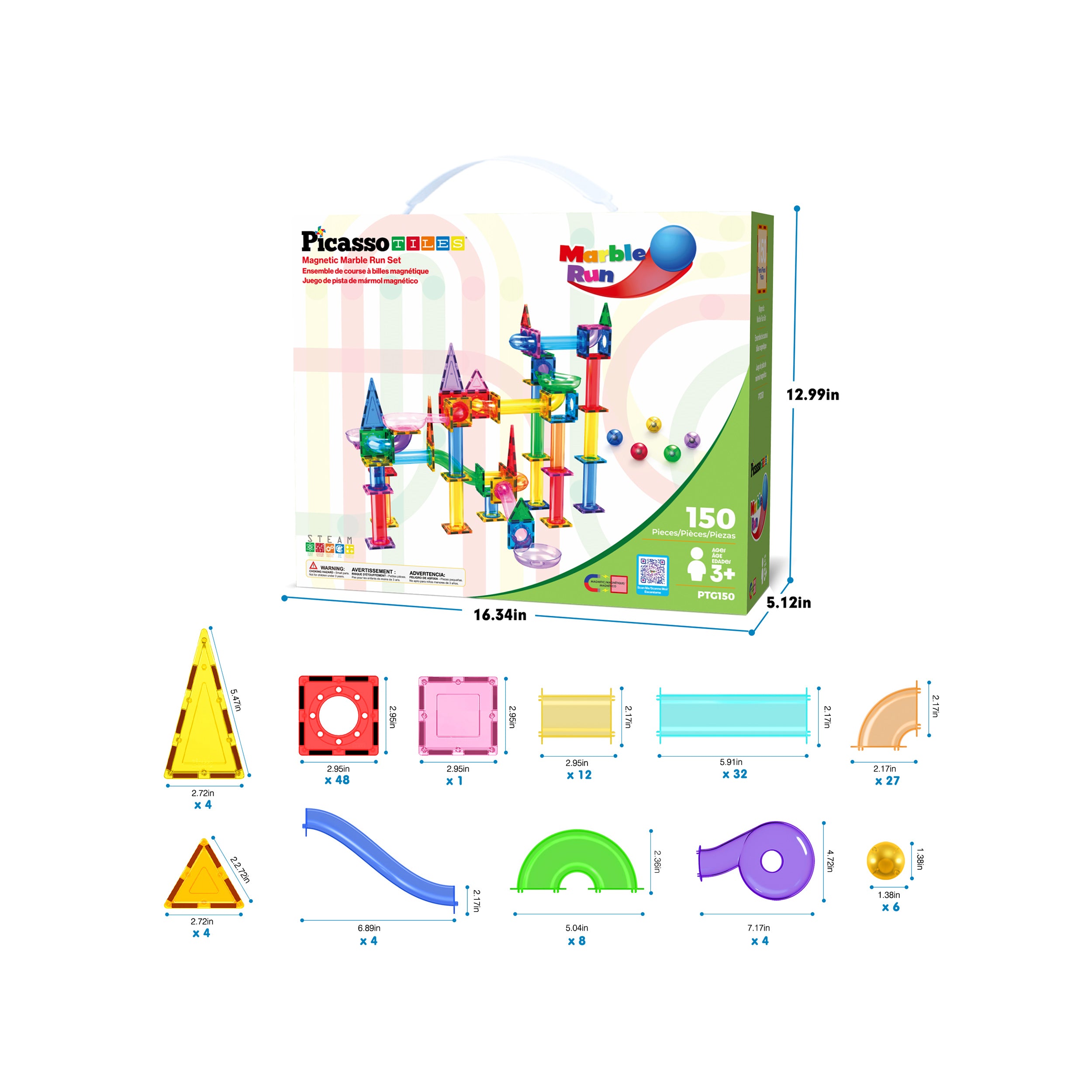 PicassoTiles 150 Pieces Marble Run Building Blocks PTG150