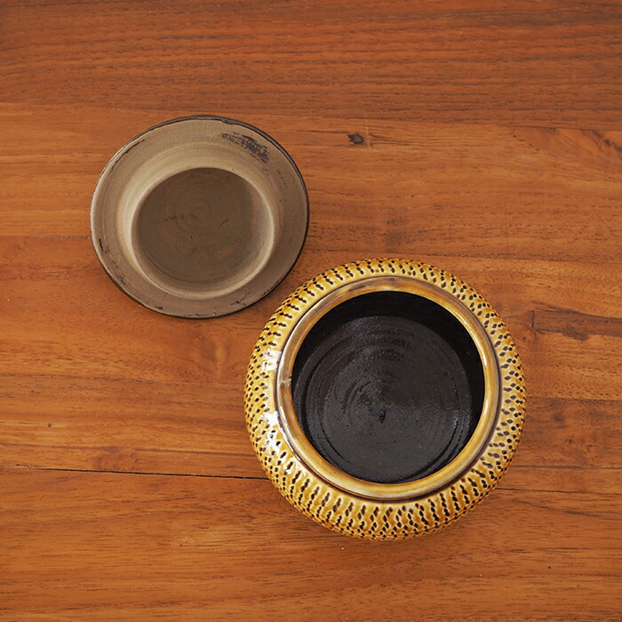 小鹿田焼 小袋窯 3合壺 飴釉飛びかんな | 食器と料理道具の専門店