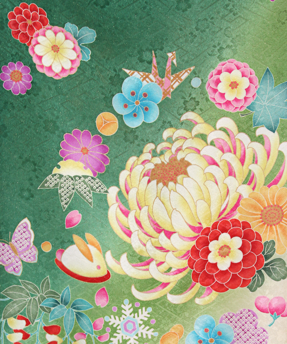 成人式/参列/振袖】オレンジ帯がかわいいポップ☆緑 乱菊 / 成人式や