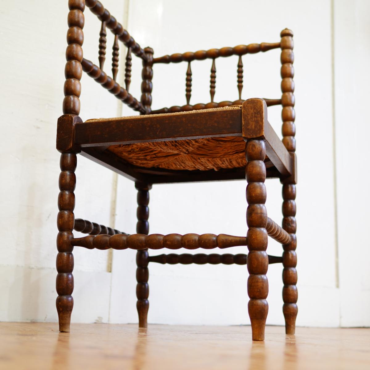 英国アンティーク コーナーチェア ボビンフレーム ラッシ張り 糸巻