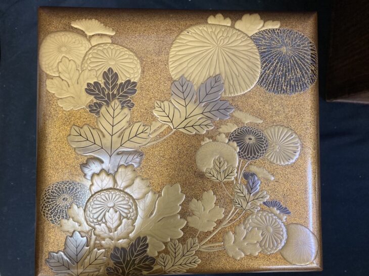 明治時代【公家屋敷の図 高蒔絵 大型 重箱切金 梨地】大重 梨地