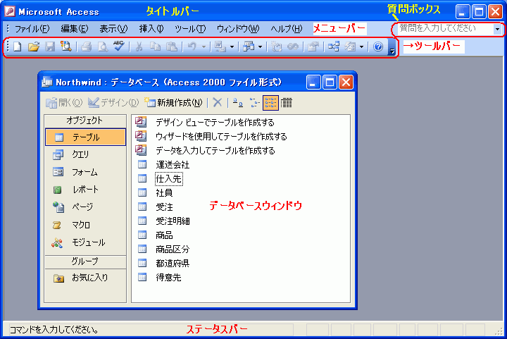 Access 2003：Accessを使ってみよう：Accessの画面構成