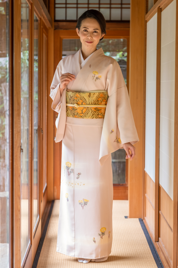 訪問着レンタル 訪問着LLサイズ 加賀友禅：本間哲也 福寿草 薄ピンク紫