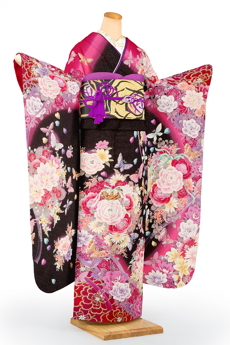 振袖レンタル 振袖Lサイズ ハート 黒/赤ピンク｜着物レンタル 安心フル