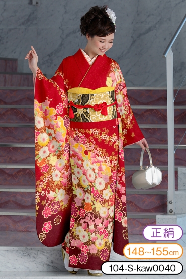 振袖レンタル 振袖Sサイズ 絞り 辻が花染め風 雪輪に桜 赤｜着物