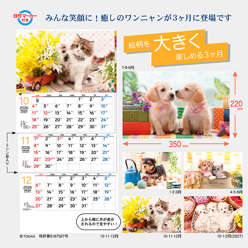 ワンニャン3ヶ月（上から順 / ミシン目入り / 日付マーカー付）（2026