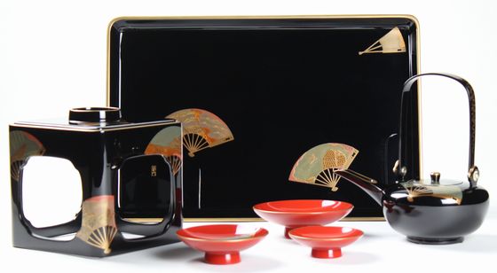 輪島塗高級漆器扇面 ○屠蘇器セット ○源氏香蒔絵雪斉型お盆