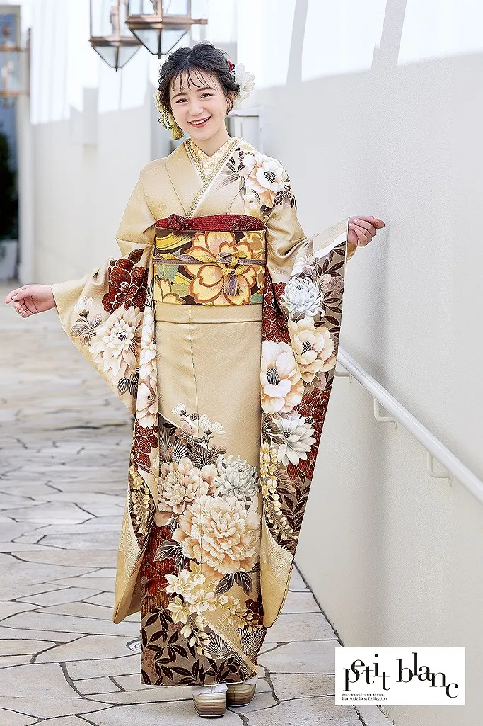 ポリエステル ブランド振袖 ジャパンスタイル 金彩 向かい鶴 身丈171cm