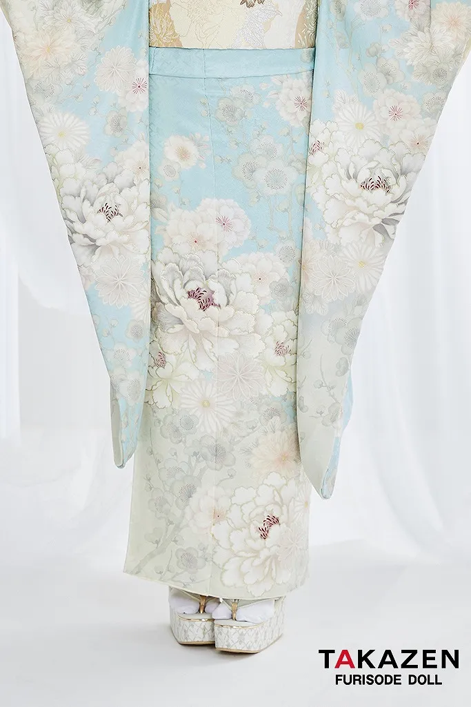 くすみカラー古典 水色/淡い色 牡丹柄 清楚 爽やか ワントーンコーデ