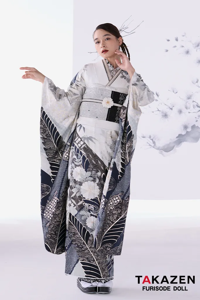 正統派古典 白/グレー 菊柄 スタイリッシュ シック かっこいい 大人っ