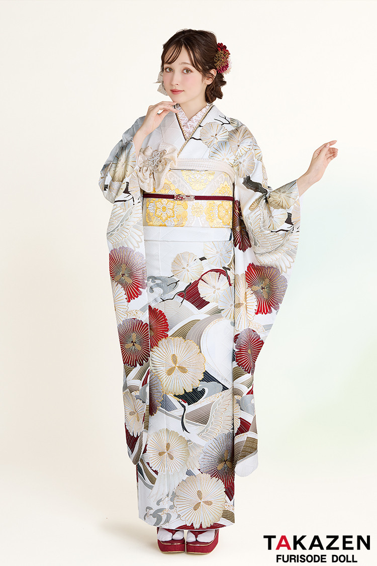 正統派古典 白地/赤 鶴柄/波模様 清楚 おめでたい きれい 大人っぽい