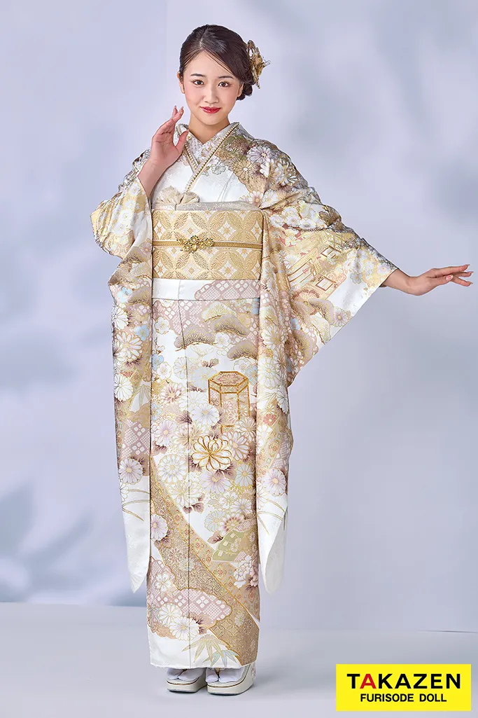 最高級古典柄振袖 関芳/最高級金彩刺繍友禅 白/金 レース 上品 正絹 桂