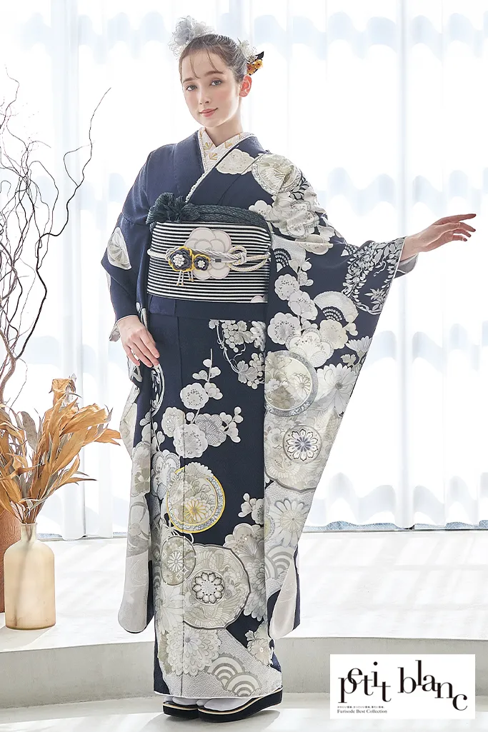 正絹 振袖セット 紺色 金駒刺繍 振袖 金駒刺繍 金彩 花模様 宝尽くし 晴れ