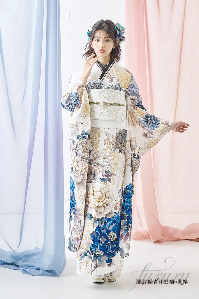 zawa 豪華振袖 紺 ネイビー 白 振袖フルセット 金彩 牡丹 成人式 正統