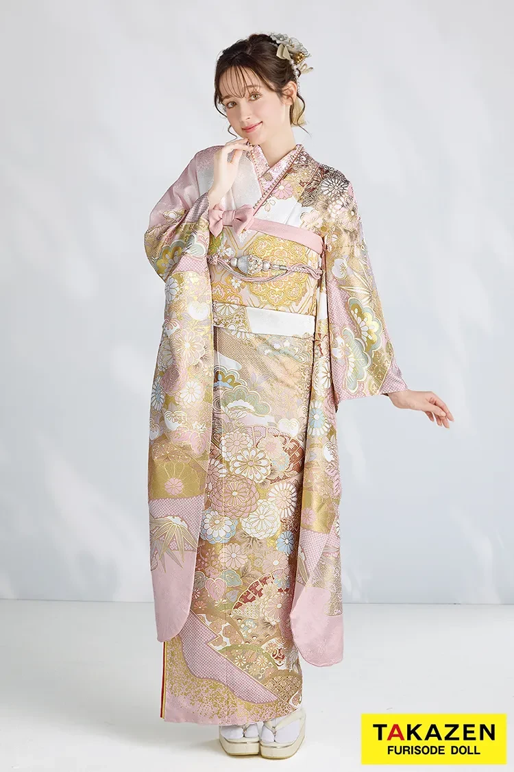 最高級古典柄振袖 関芳/最高級金彩刺繍友禅 白/シルバー 扇面 キラキラ