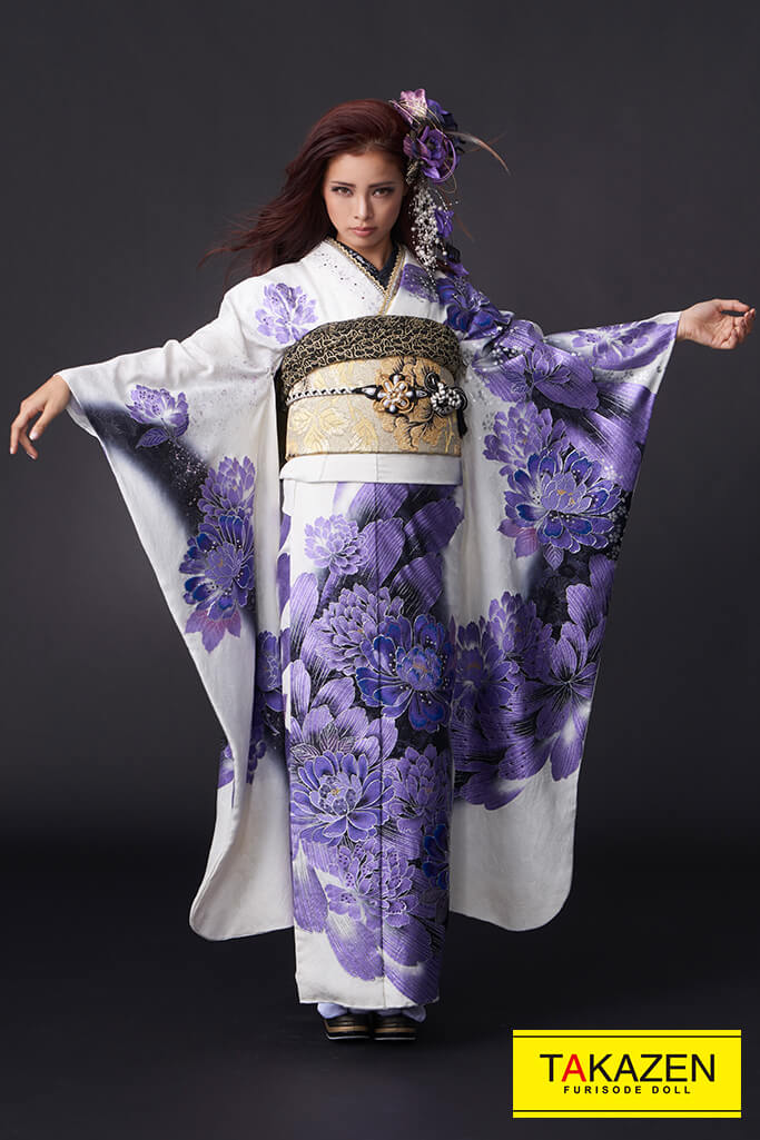 グラマラス 黒/白/紫 ボタン柄 派手 目立つ モード系 ギャル振袖