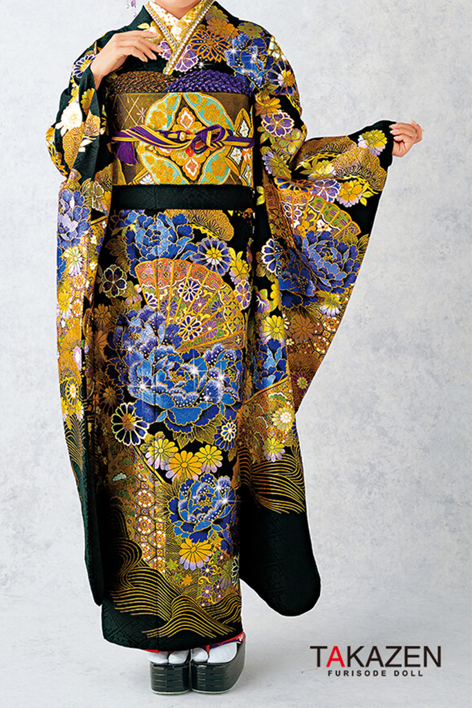 粋古典 黒/紫/ゴールド(金色) 牡丹柄/扇柄 派手 かっこいい 最高級金彩