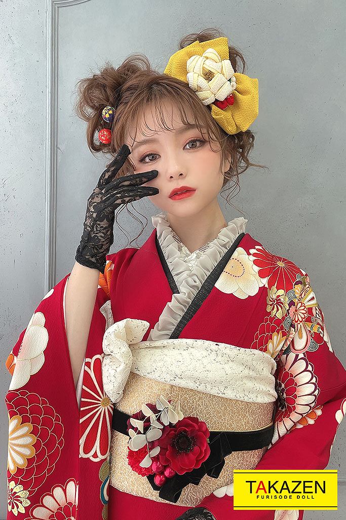 正統派古典 赤/オレンジ 菊柄 おしゃれ かわいい レトロポップ振袖