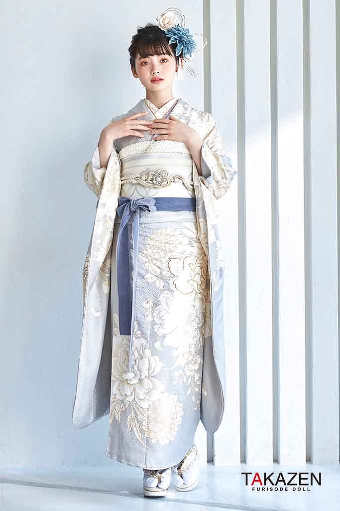 振袖フルセット パールホワイト×ブルー×金彩 波に源氏車 くすみカラー古典