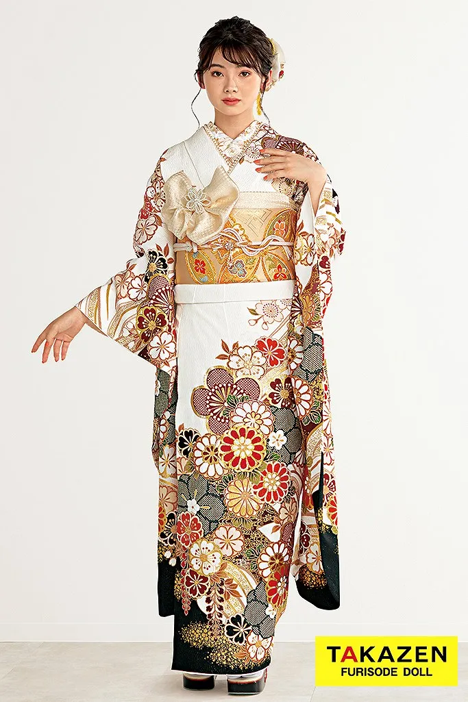 正統派古典 白/黒/赤 菊柄 かわいい 清楚 伝統的 金彩刺繍京友禅 お