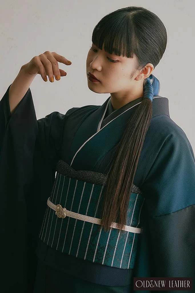 ヴィンテージスタイル 黒/青/無地 アンティーク調 御召し ブーツコーデ