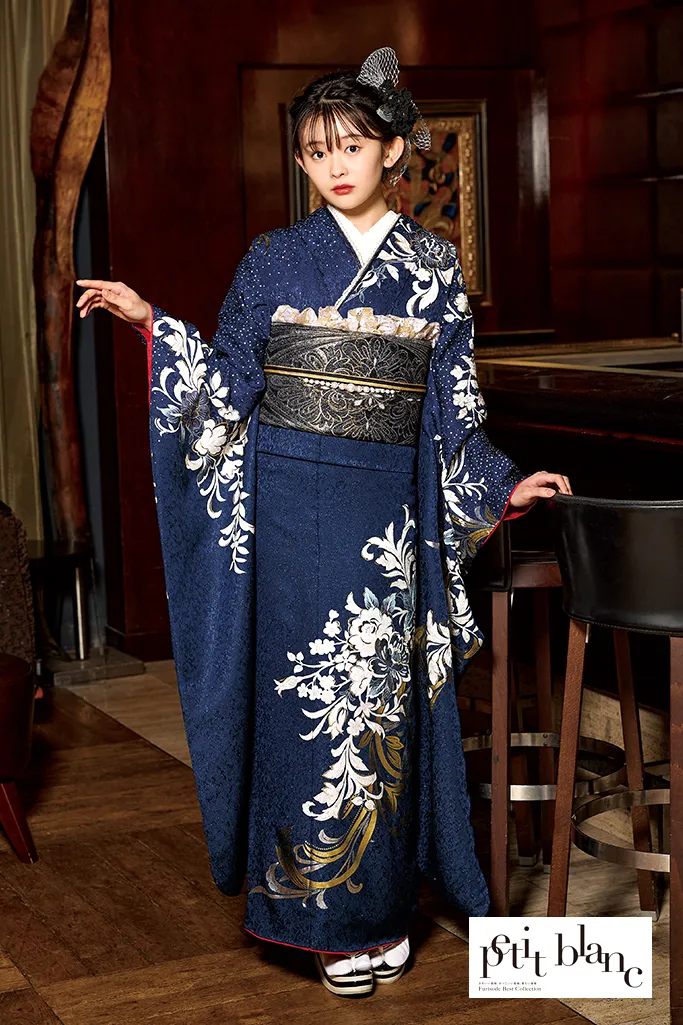 振袖セット 青ディープブルー 正絹 振袖 フルセット 正絹 新品小物