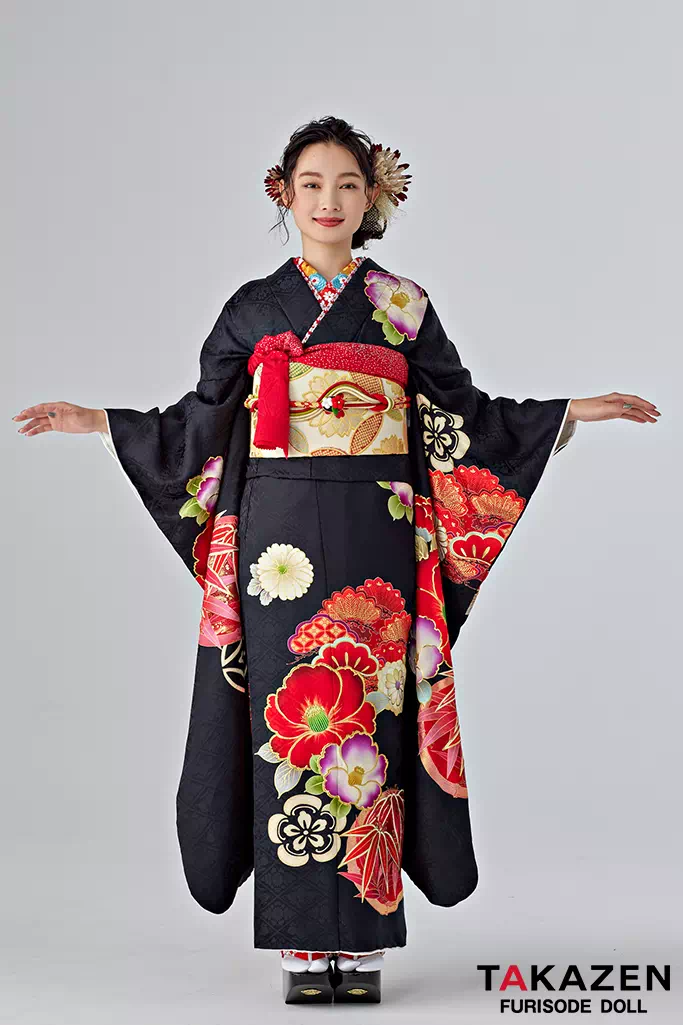 507z52, レース半衿☆人気！振袖 古典柄 金彩 地紋 蝶 赤×黒☆美品