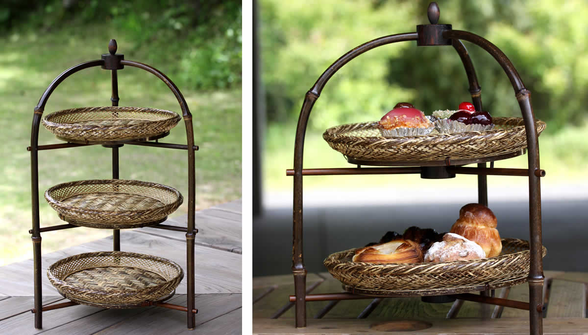 黒竹アフタヌーンティースタンド（二段）、 虎竹平かご2枚セット | 虎