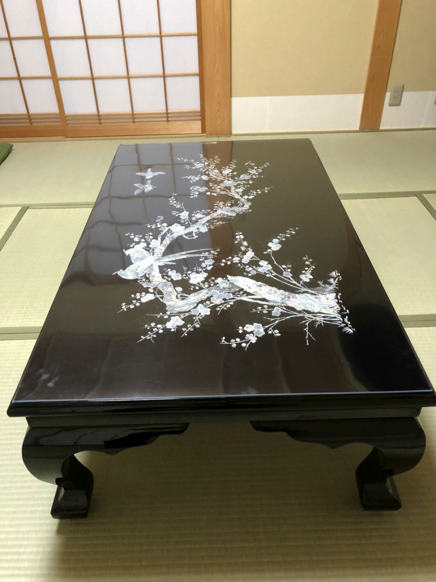 螺鈿細工 楕円座卓テーブル 幅134cm 黒 青貝 螺鈿 細工 鳳凰図 楕円 座