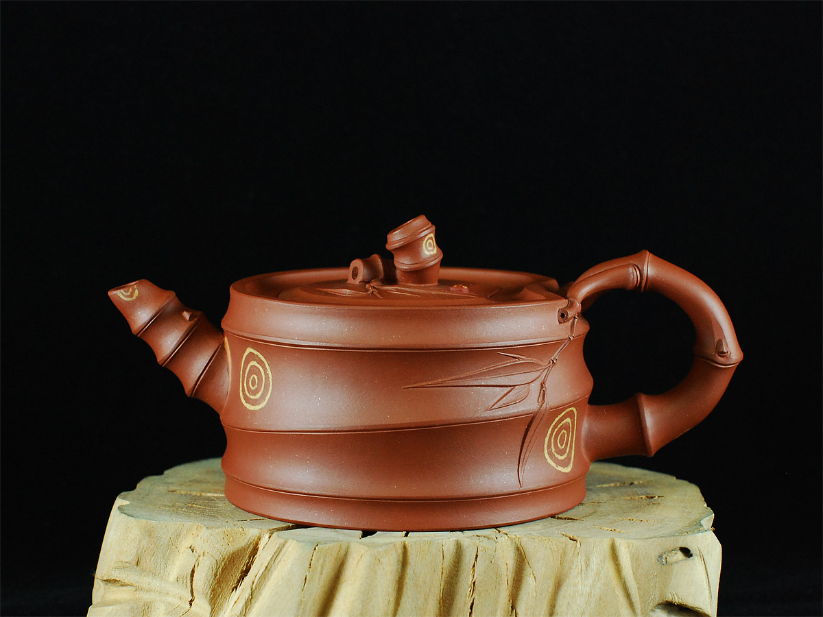 隆邨] 清末古壺 老段泥 行竹鼓壺 底款廖章 逸然軒主人 中国急須台湾急須