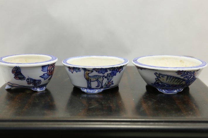 雄山（染付花札図丸）三つ一組 高級盆栽鉢 A3657☆陶器鉢 ミニ盆栽