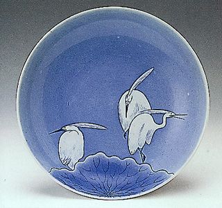 染付鷺文三足付皿