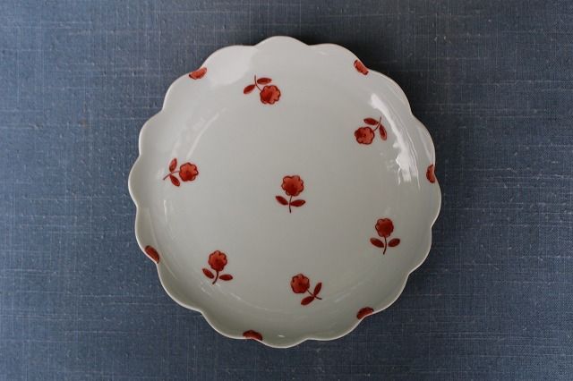 榛澤宏 色絵二花楕円小皿 豆皿 たたら 粉引 赤絵 作家もの 榛澤宏 色絵