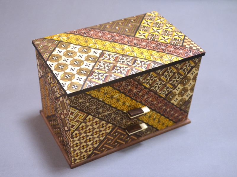 箱根寄木細工 木製収納ボックス 7寸2ツ引き出し ハネ鏡 箱根寄せ木細工