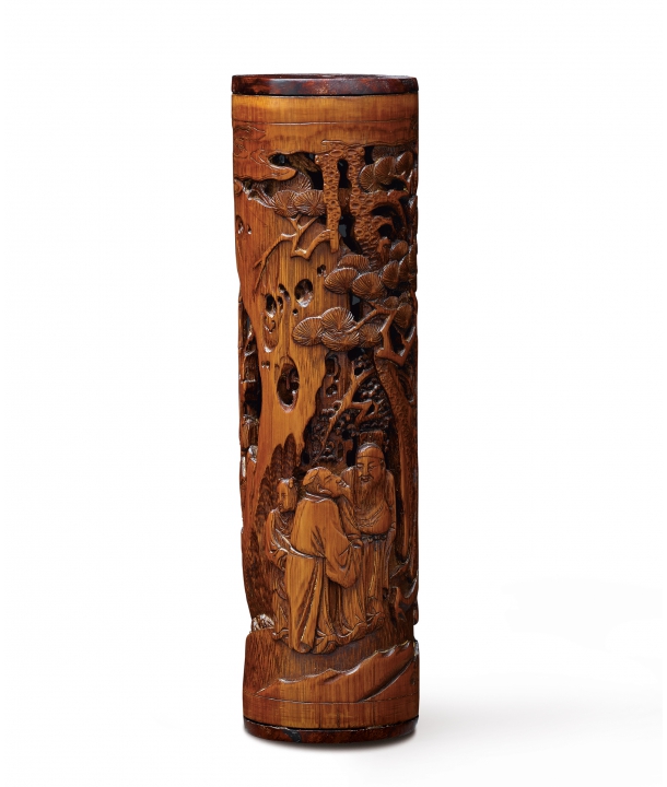 文房具 竹彫筆入 宋時代【竹林七賢希黄】