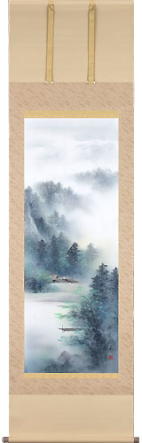 真作】掛軸 青緑山水図 仙境の楼閣と松林風景 清幽なる風景画 T4 真作