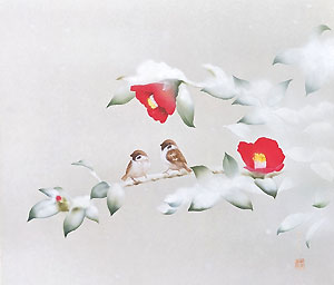 花鳥の掛け軸 中川幸彦作 雪中椿に雀