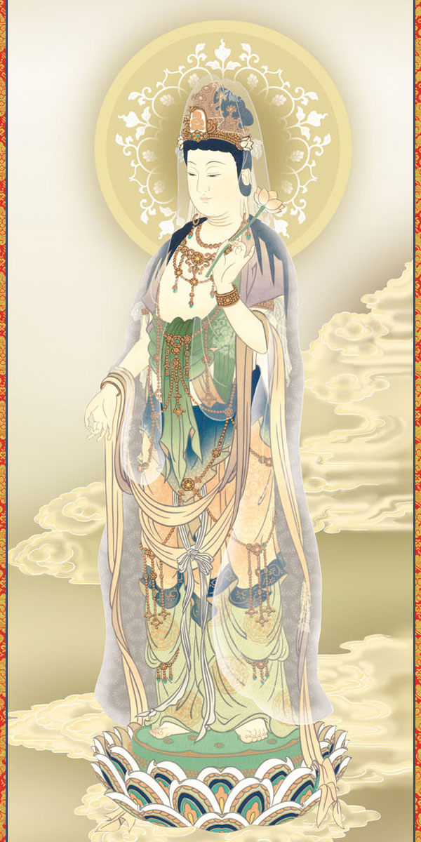 宏斎画肉筆画 紙本掛軸 【 雲上観音図 】 軸先仏具軸 良品