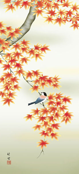 花鳥の掛け軸 田村竹世作 紅葉に小鳥【本格ミニ掛軸】ミニサイズ ミニ掛軸